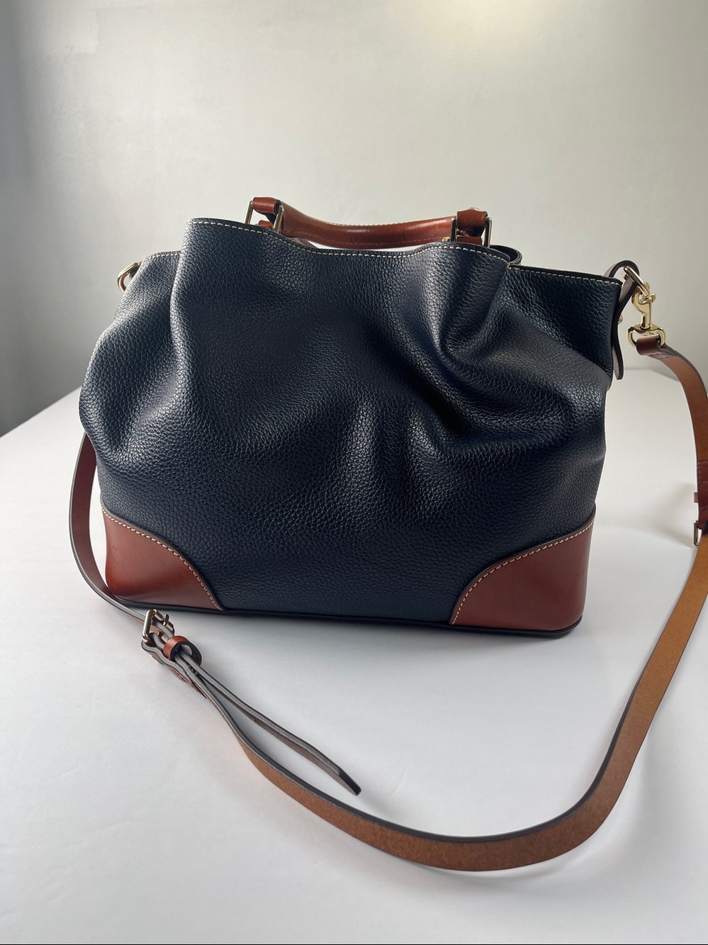 Dooney & Bourke Navy Pebbled Leather Shoulder Bag with Brown Trim - Picture 2 of 16